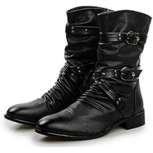 NEW! Men`s Punk Gothic Rivet Motorcycle PU Faux Leather Boots With Studs-BLK